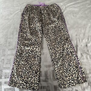 VTG Lejaby Pajama Pants Womens Large Brown Leopard Satin Drawstring Lounge Sleep